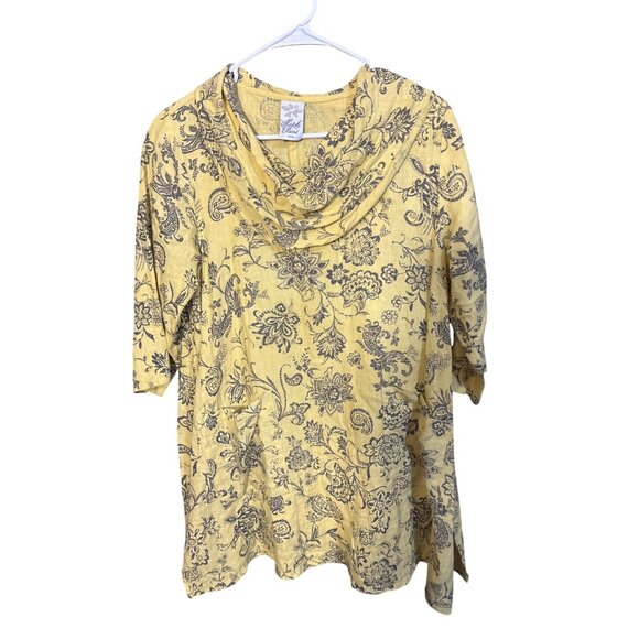 Match Point Yellow Linen Tunic Top S Floral Paisley Print 3/4 Sleeve Cowl Neck - Picture 1 of 6